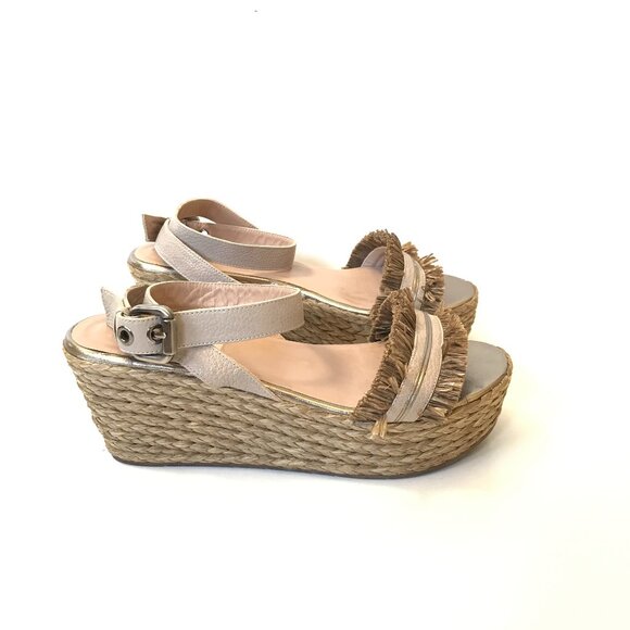 Pura Lopez Espadrille Wedge Heels Sandals Womens 37 7 Nude Tan Leather Fringe - Picture 1 of 10